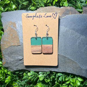 Rectangle Green Resin & Wood Earrings~Ocean Vibes~NWT